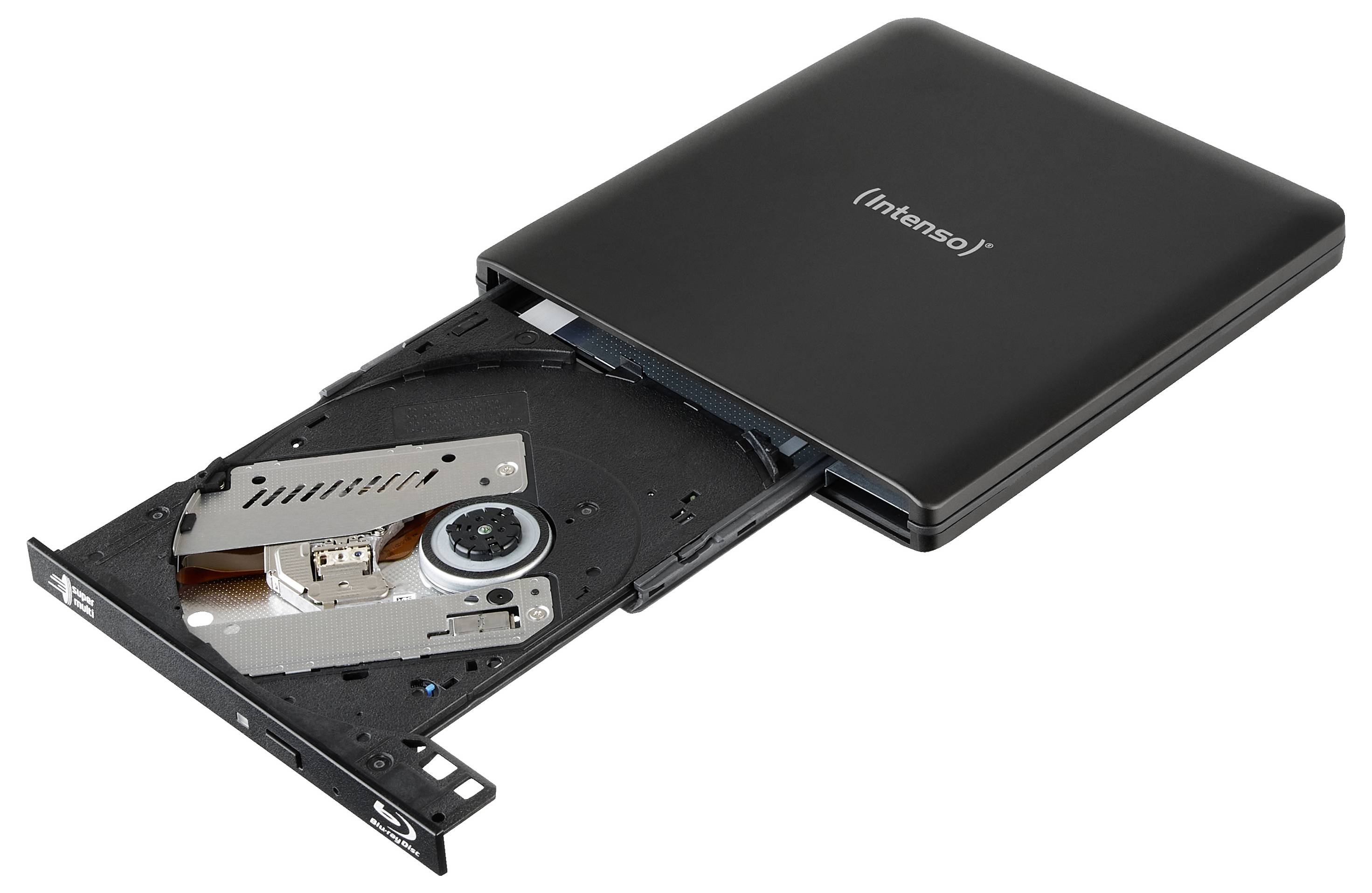 An external optical drive with a partially open tray, showing internal components and labeled 'Intenso'.
