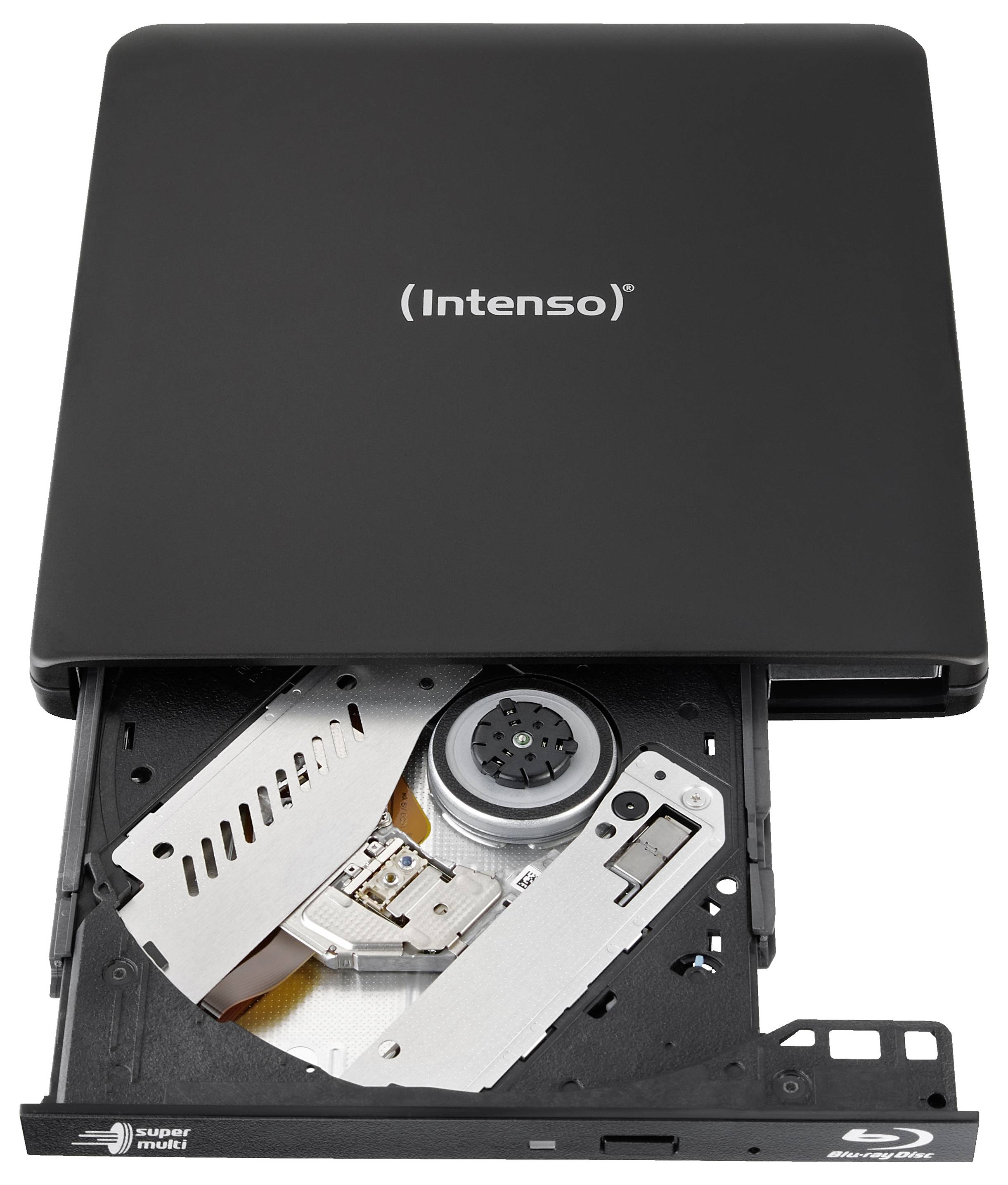A black external optical disc drive, partially open, showing the disc tray mechanism. The brand 'Intenso' is visible on top.