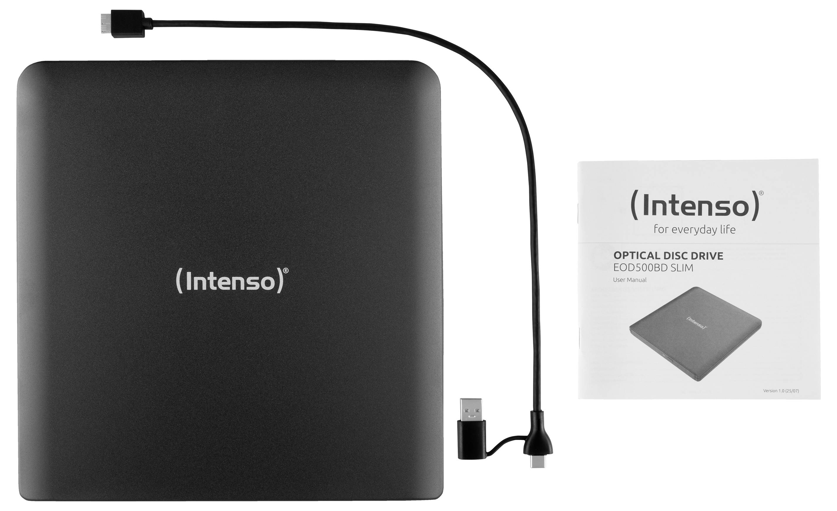 'Intenso' external optical disc drive with a USB cable and an instruction manual.