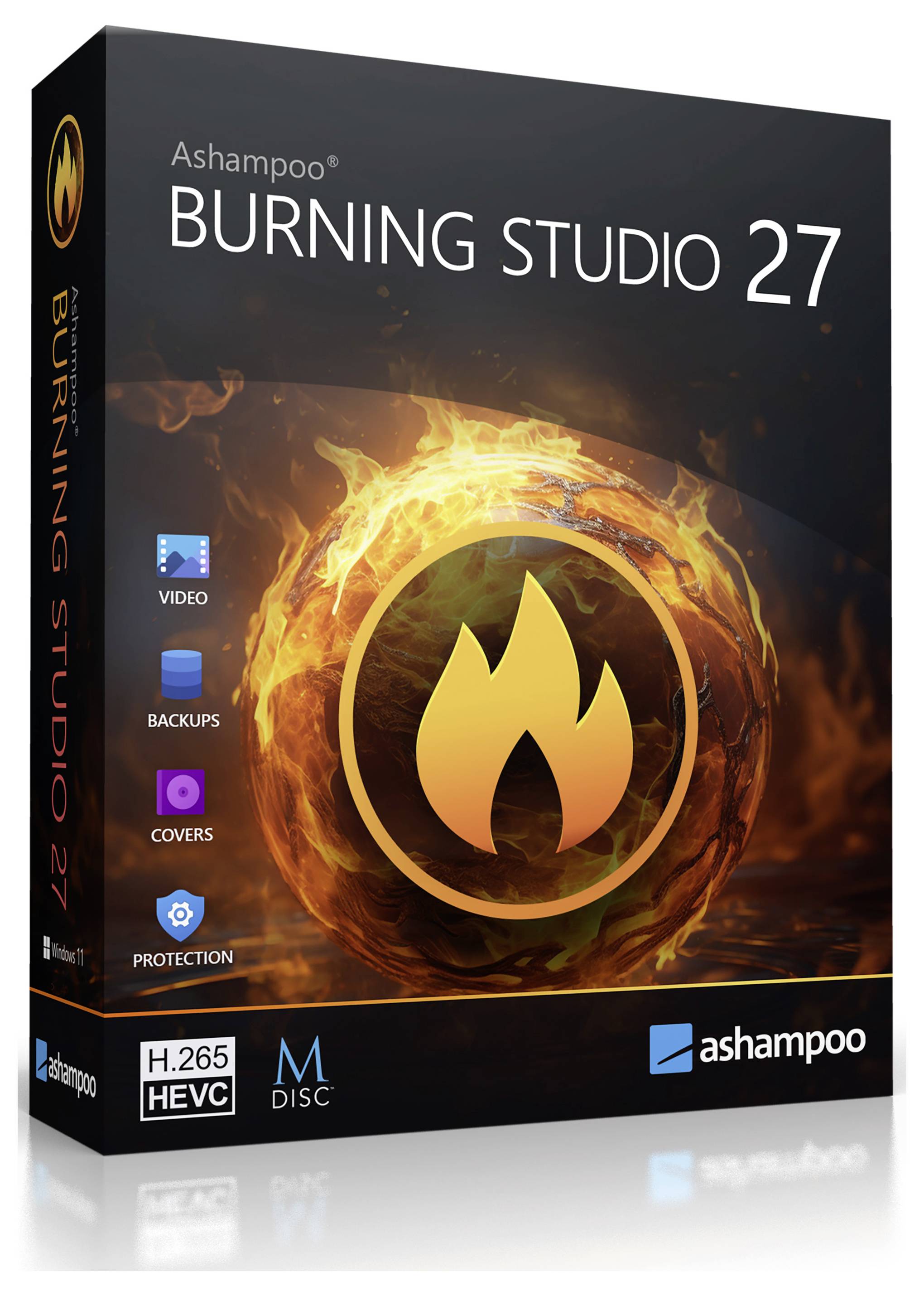 'Ashampoo Burning Studio 27' software box displays burning flame emblem, video backup icons, H.265 HEVC, M Disc, protection features.
