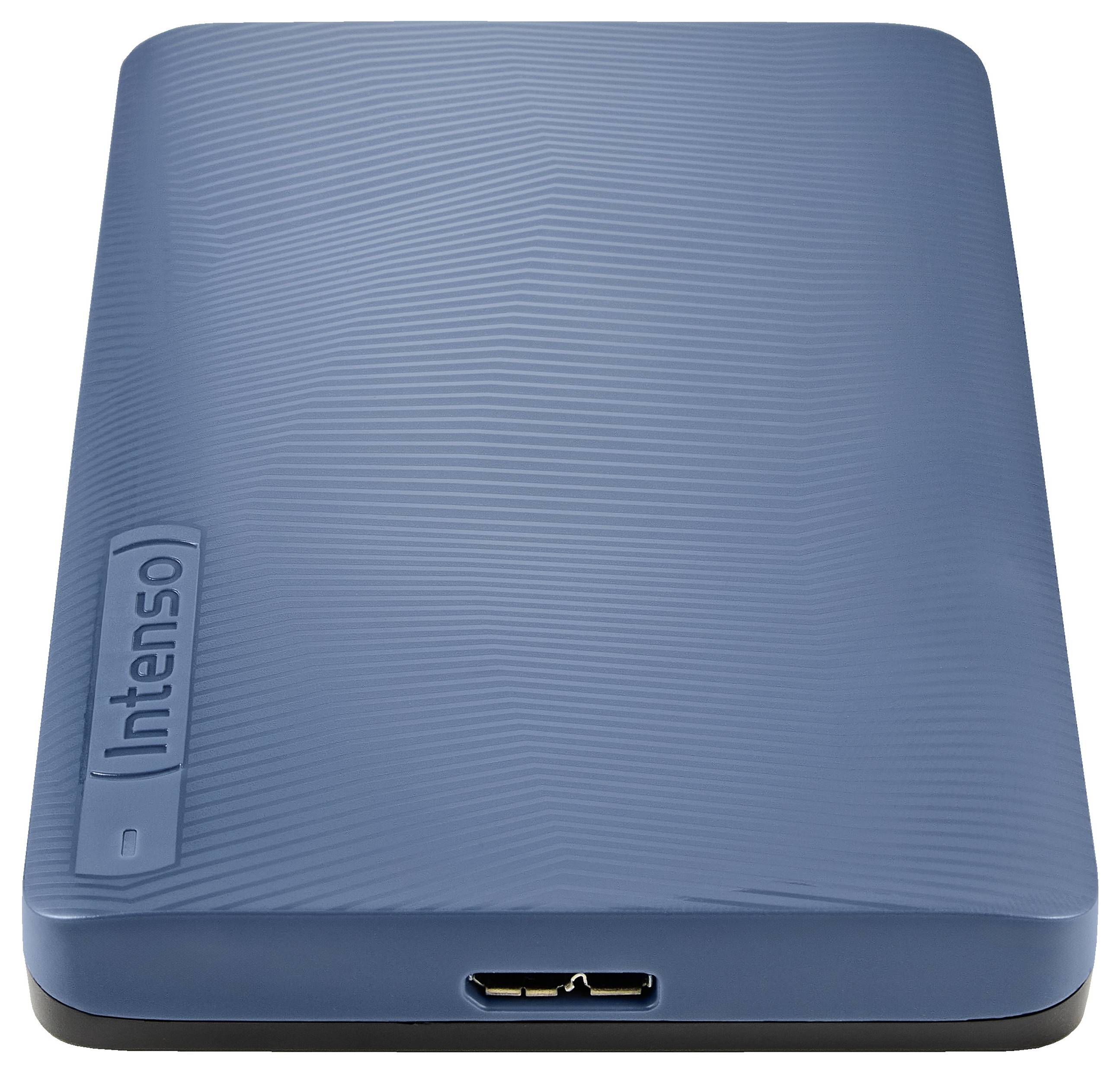 A blue Intenso external hard drive with a wavy surface texture, USB port visible on one side.