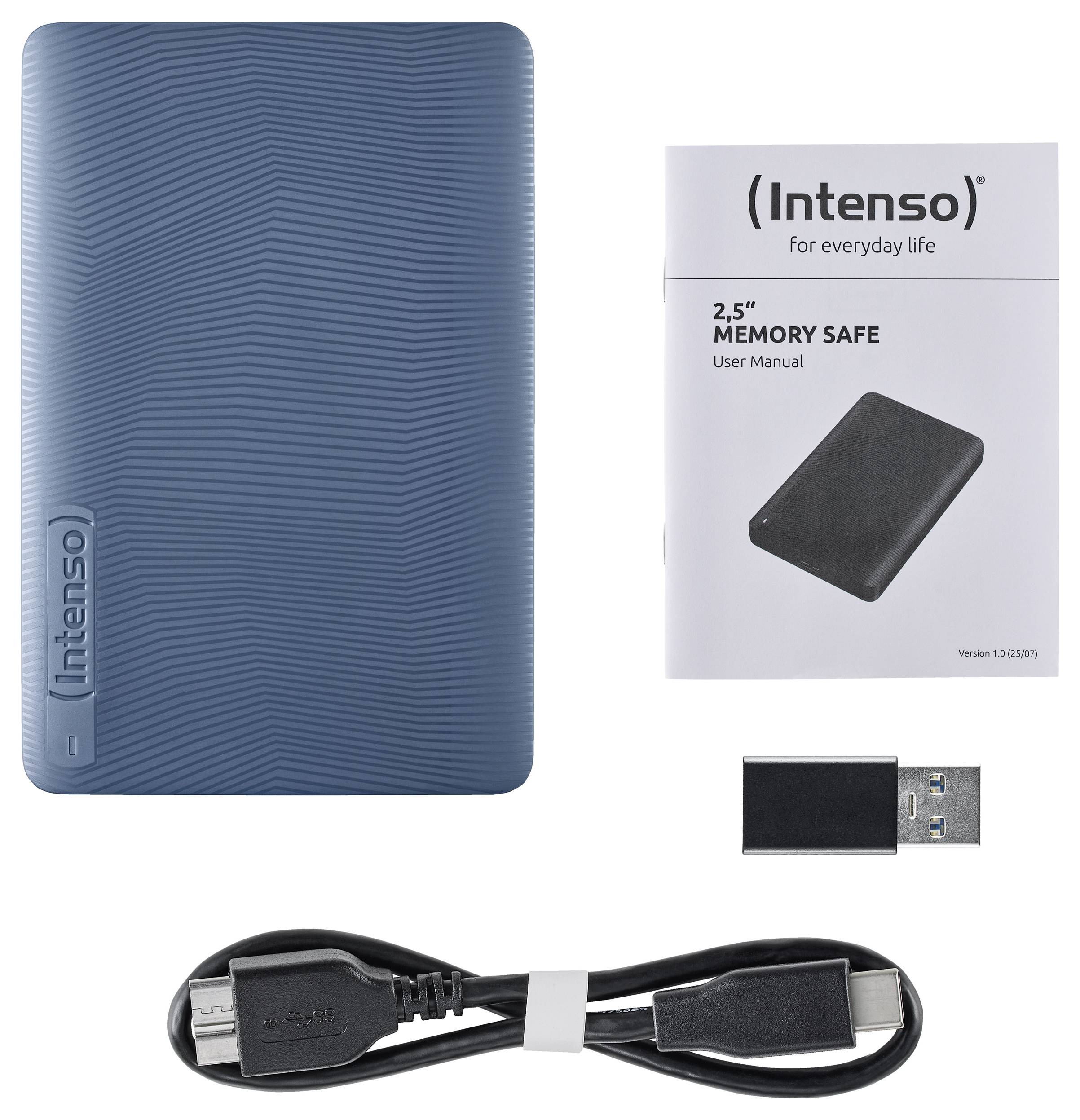 Blue external hard drive labeled 'Intenso', USB connector, and cable with manual titled '2.5" Memory Safe'.