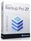 'Backup Pro 27' software box by Ashampoo, featuring icons for easy backup, cloud support, disk health, and backup rescue system.