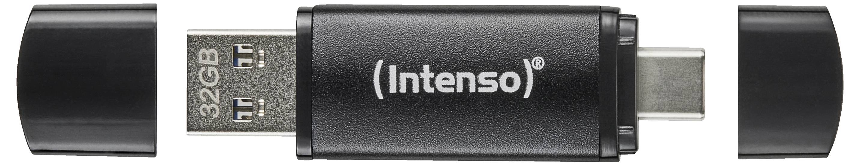 A dual USB flash drive with '32GB Intenso' labeling, showing USB-A and USB-C connectors, both caps removed.