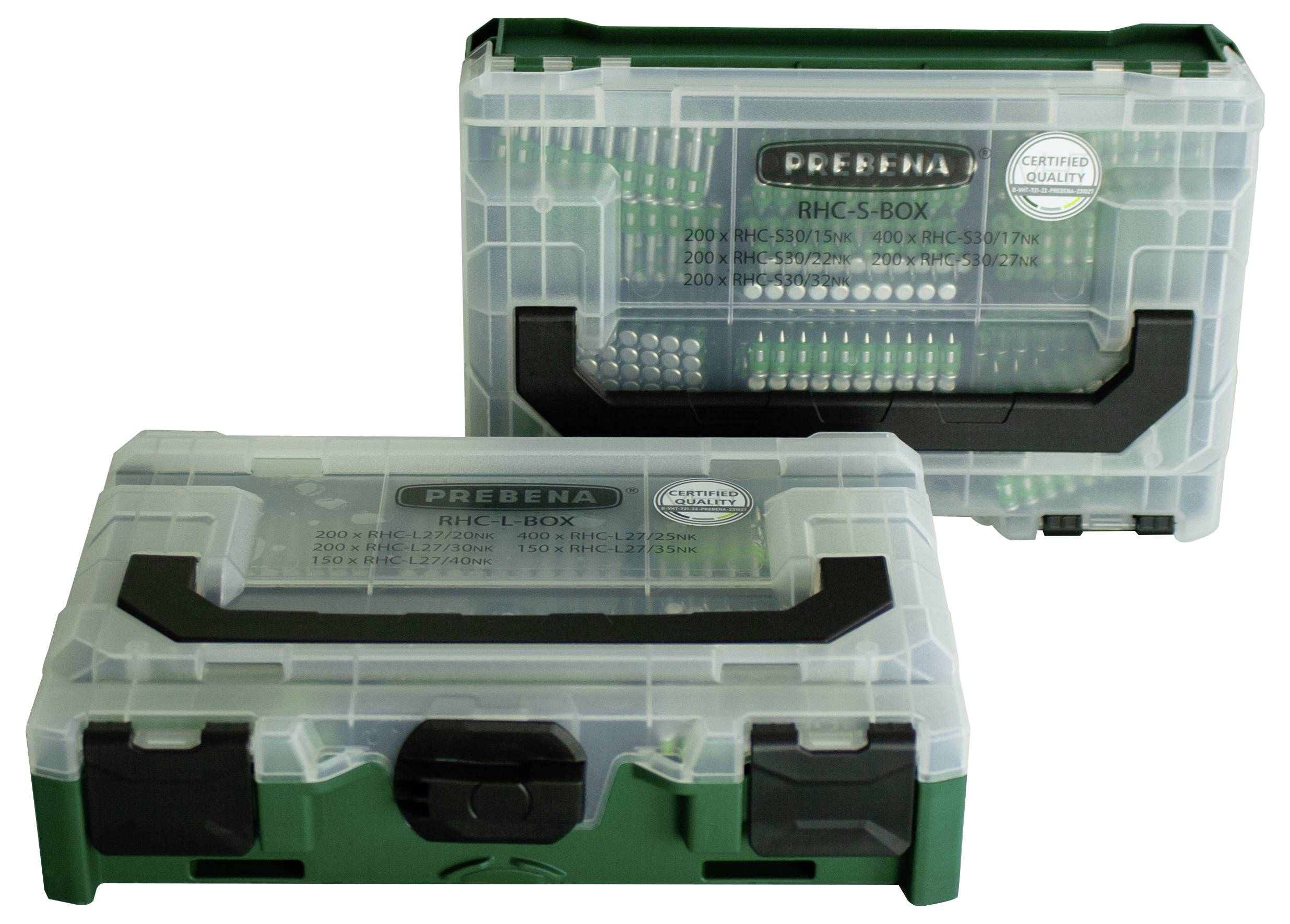 Two transparent toolboxes with black handles stacked. Labels on boxes read 'Certified Quality' and 'PREBENA.'