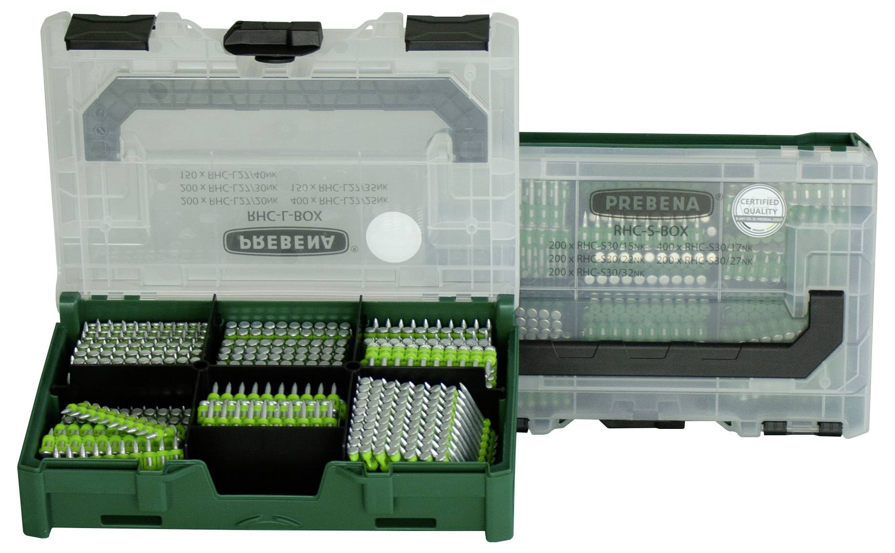 'Prebena BH-C-BOX' toolset with open and closed cases showing organized green and silver drill bits in compartments.
