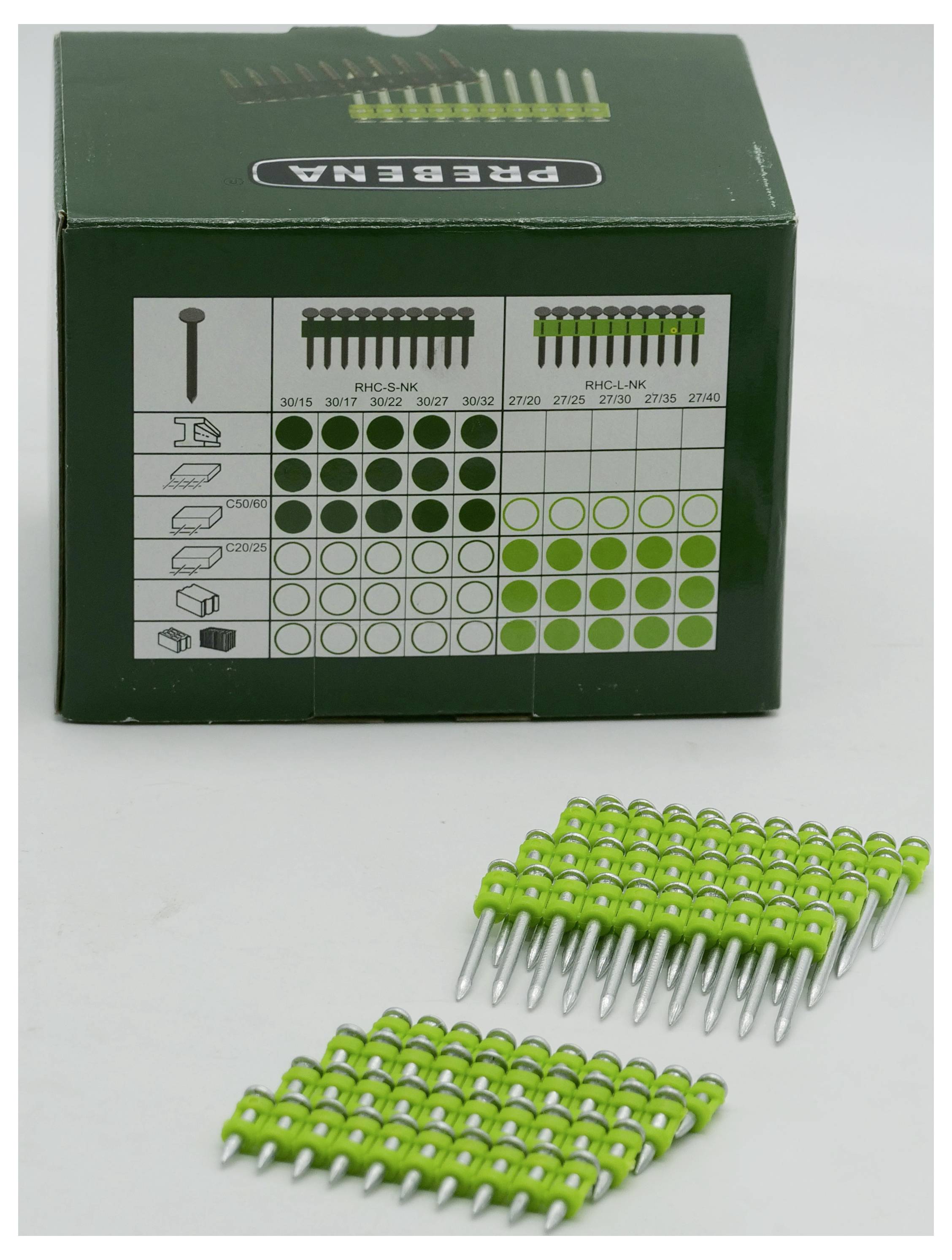 'PREBENA' branded box with labeled rows of green fasteners for different nail sizes, accompanied by stacks of green nails in front.