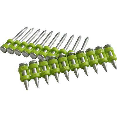 A row of silver nails with green plastic spacers, arranged in two rows, angled towards the camera.