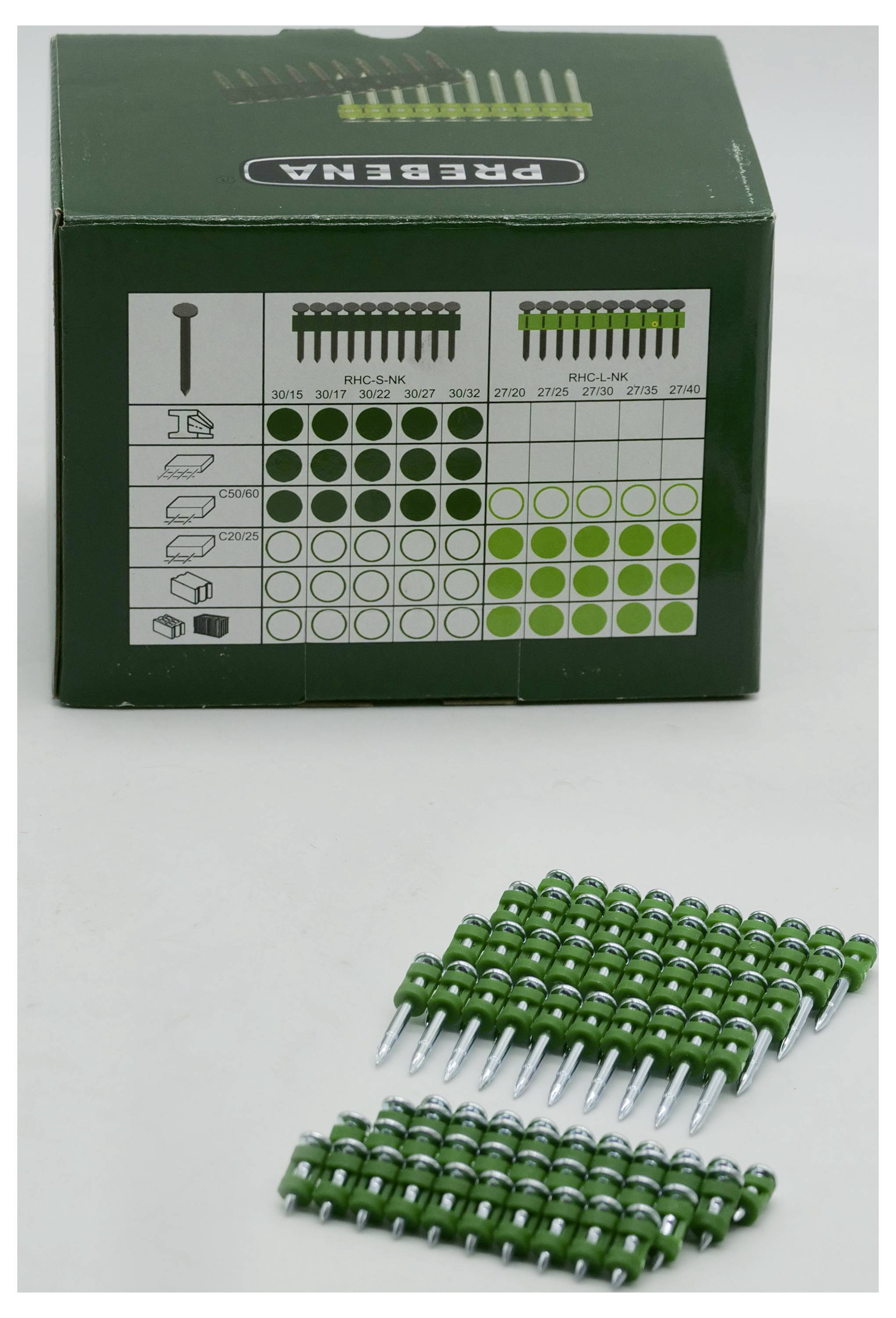 'A box labeled "PREGEMA" with green pegs inside. The box displays icons and a sizing chart indicating dimensions and quantities of pegs.'