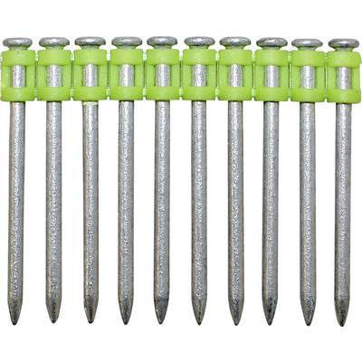 Ten metal nails aligned vertically, held together by a green plastic strip at the top, designed for use in a nail gun.