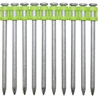 Ten aligned metal nails with green plastic clips at the top, positioned vertically in a row, used for construction purposes.