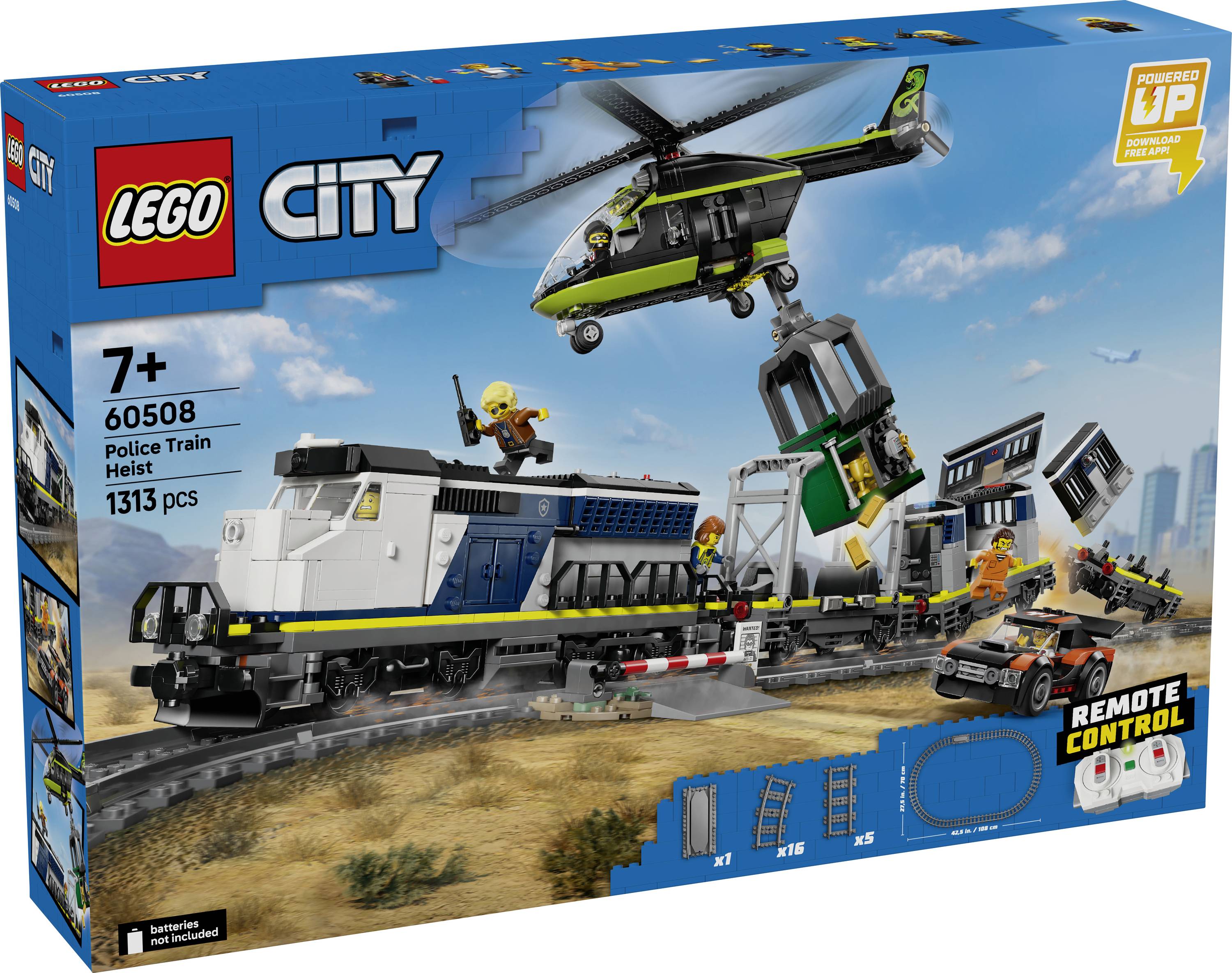'Lego City Police Train Heist set, 1313 pieces, for ages 7 and up. Includes train, helicopter, crooks, police figures, and accessories.'