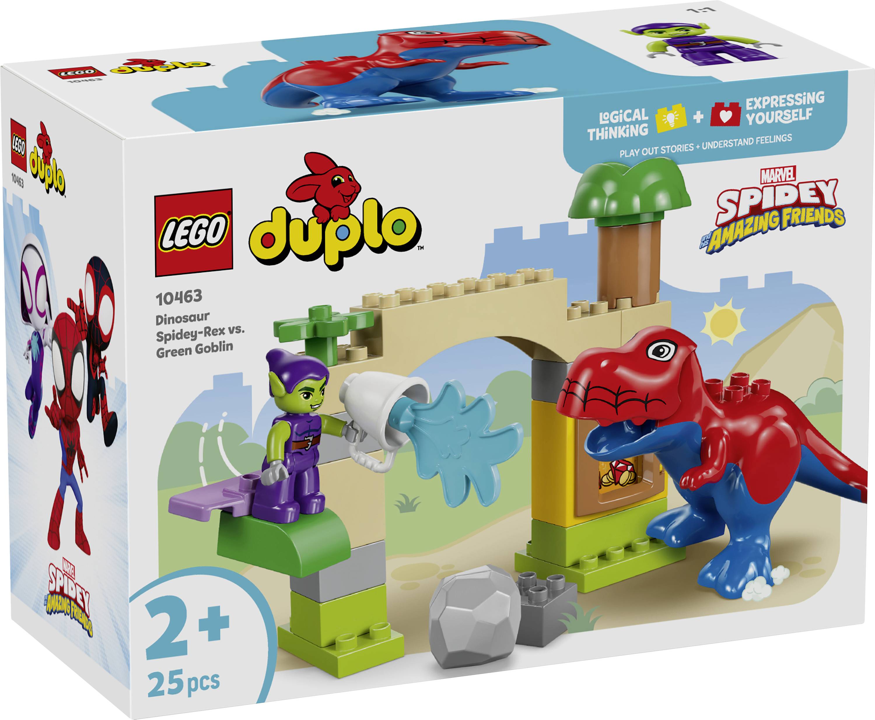'Lego Duplo Spidey Amazing Friends set 10463 featuring Dinosaur, Spidey, and Green Goblin figures for ages 2+, with 25 pieces.'