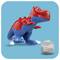 A red and blue toy dinosaur appears to be chasing or encountering a gray toy rock on a blue background.