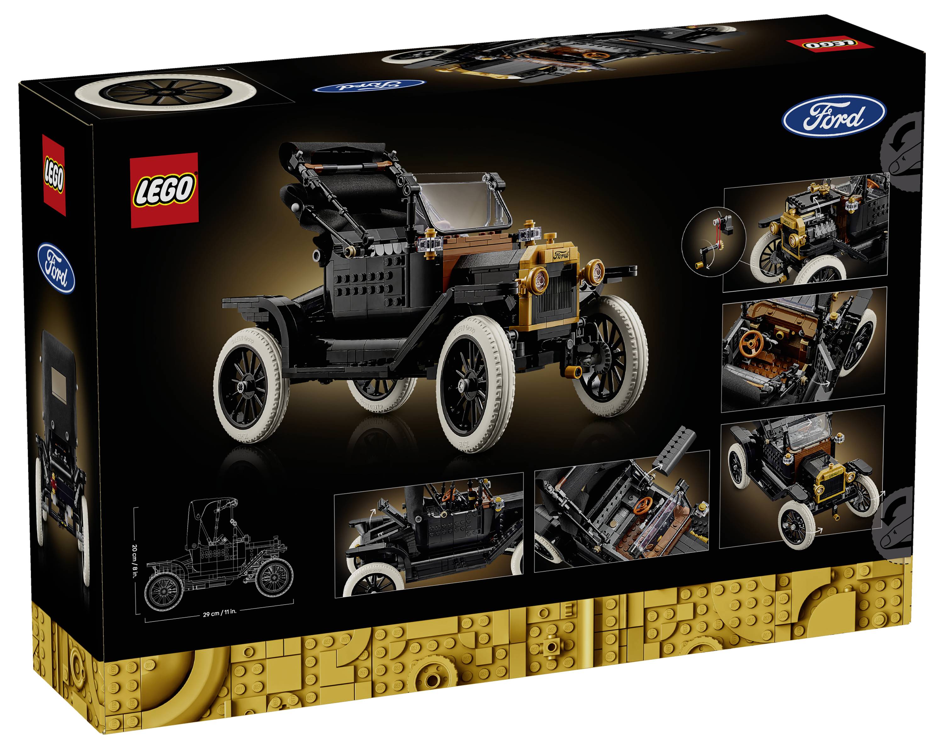 LEGO and Ford branded box showing a LEGO model of a classic vintage car. Various angles of the model highlight its details and features.