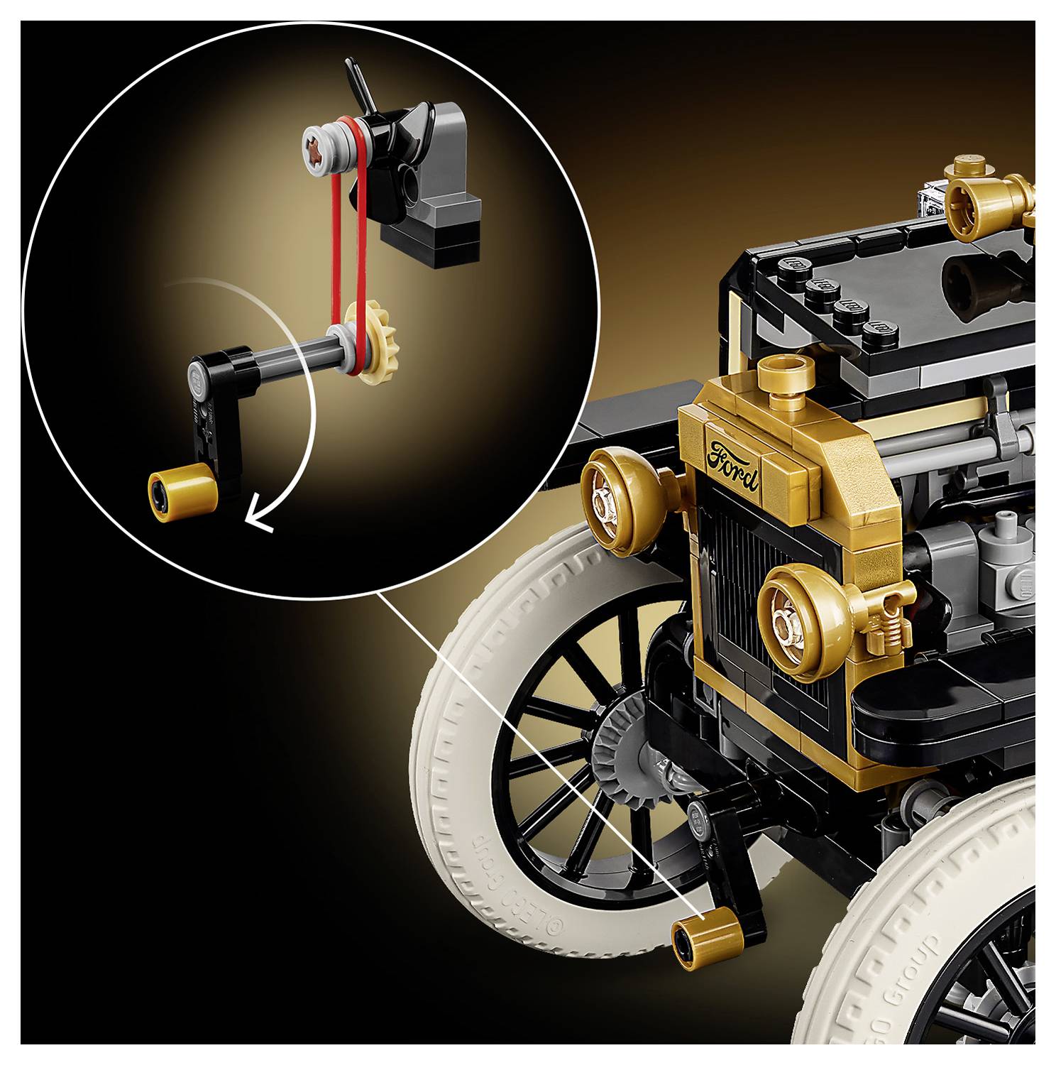 Close-up of a Lego Ford Model T car focusing on its detailed engine crankshaft assembly with highlighted mechanical parts.