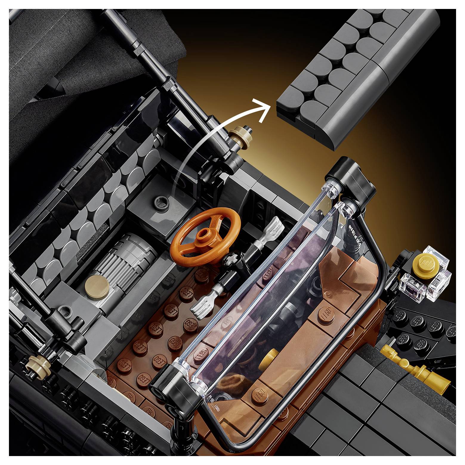 A close-up of a Lego-style car interior showing a detailed steering wheel, brick-patterned dashboard, and a windshield with an inset roof piece.