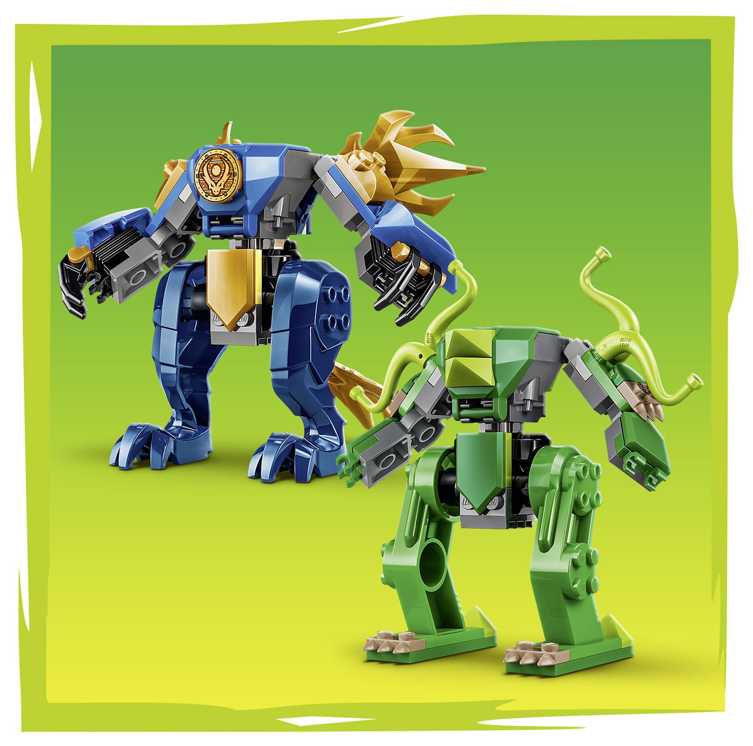 Two toy robots: a blue one with gold accents and a crown-like headpiece, and a green one with clawed feet and antennae, on a gradient green background.