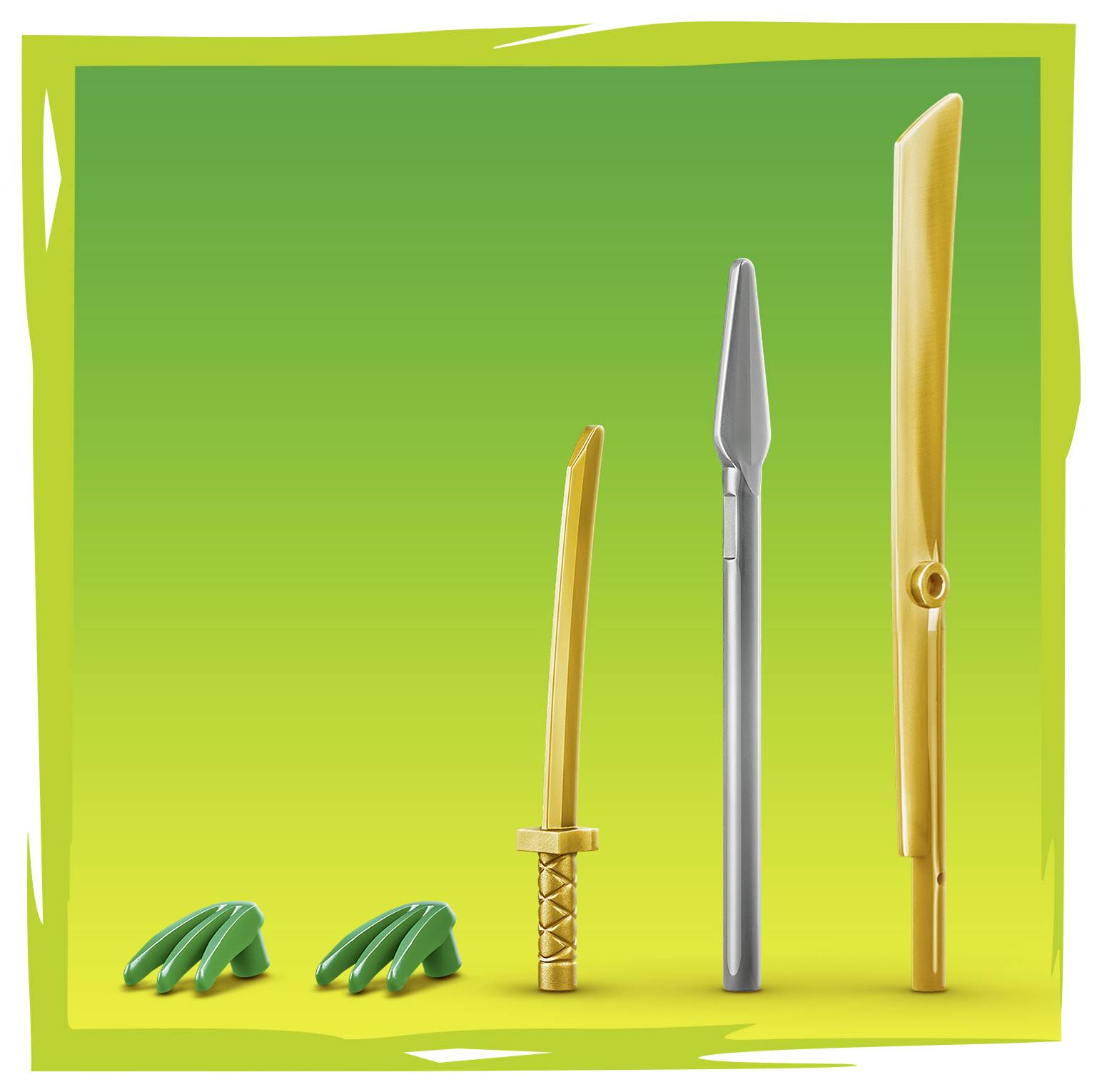 Green background with four toy elements: two green claws, an orange sword, a silver spear, and a golden blade, aligned vertically.