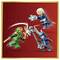 'Lego figures: A green ninja with a sword and an icy villain with an axe, set against a red background, in mid-battle action.'