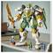 Large green and white robot toy with a sword surrounded by smaller action figures on a shelf, suggesting a playful scene.