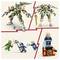Two images of a robot toy with green and white armor, each showing different angles. Includes two small human figurines with weapons below, and a single figurine on a stand.