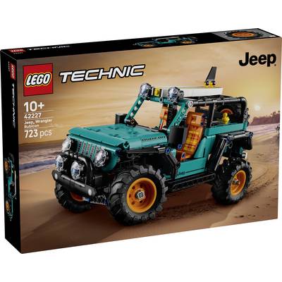 'LEGO Technic Jeep Wrangler Rubicon' set with 723 pieces, recommended for ages 10+, displayed on a beach-themed box.