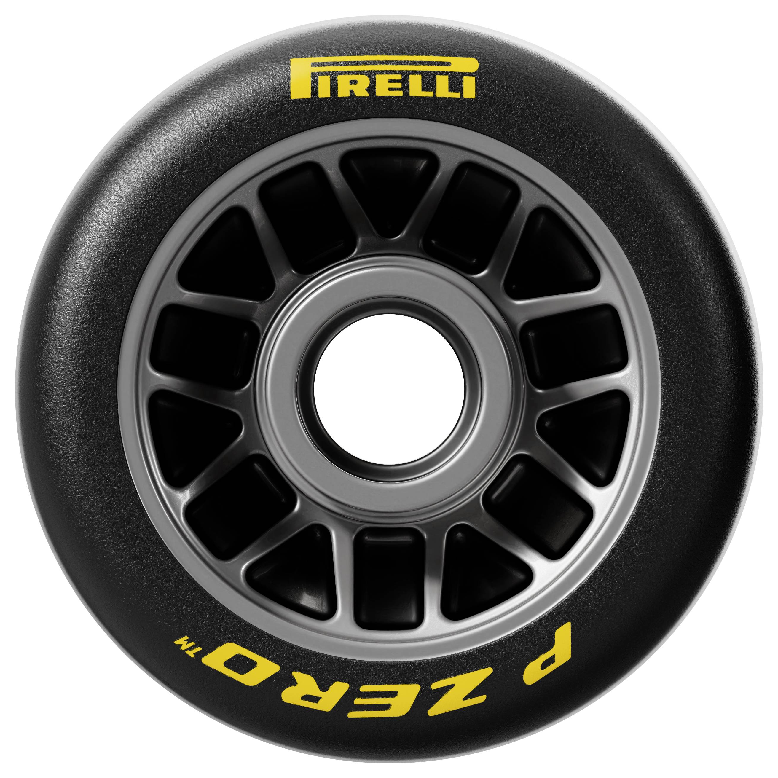 A black Pirelli P Zero tire with a metallic hub and yellow logo. The tire's tread is not visible, indicating it might be new or unused.