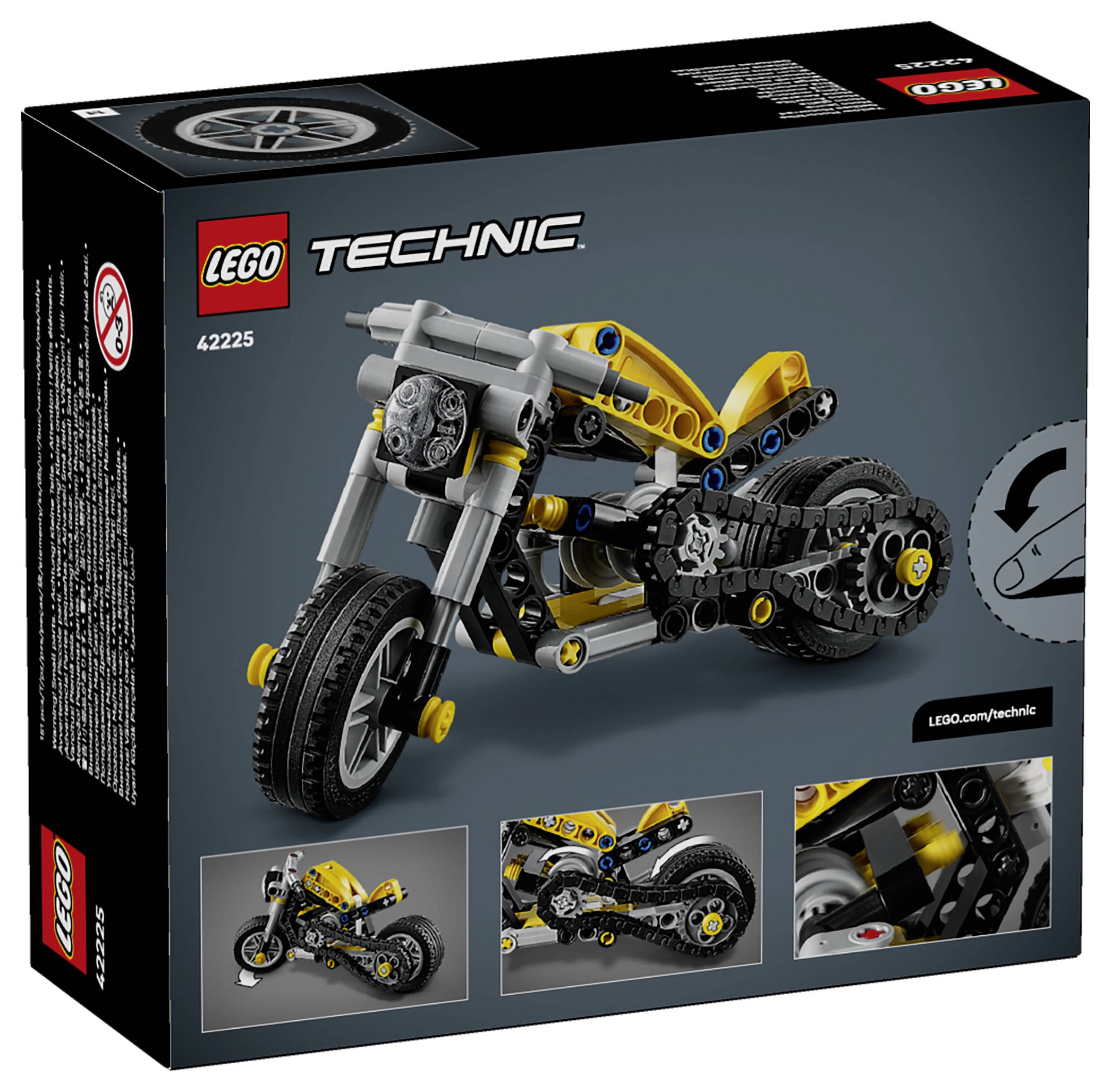 LEGO Technic set package featuring a detailed model motorcycle with yellow and black elements. Includes smaller images of model features.
