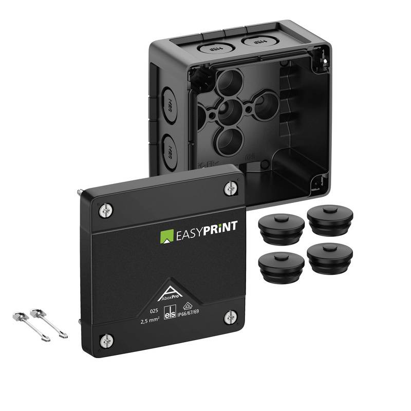 Black electrical junction box kit with cover, cable grommets, and mounting screws branded 'EASYPRINT' on a white background.