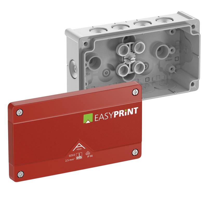 Red EASYPRINT cover plate on a gray electrical junction box, shown in front of the box with screw corners visible.<br>