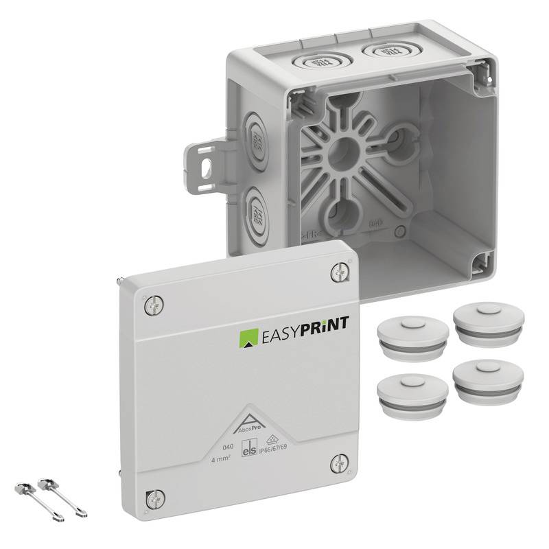 EASYPRINT electrical junction box kit with gray wall box, cover plate, four round cable seals, and two screws on a white background.<br>