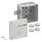 EASYPRINT electrical junction box kit with gray wall box, cover plate, four round cable seals, and two screws on a white background.<br>