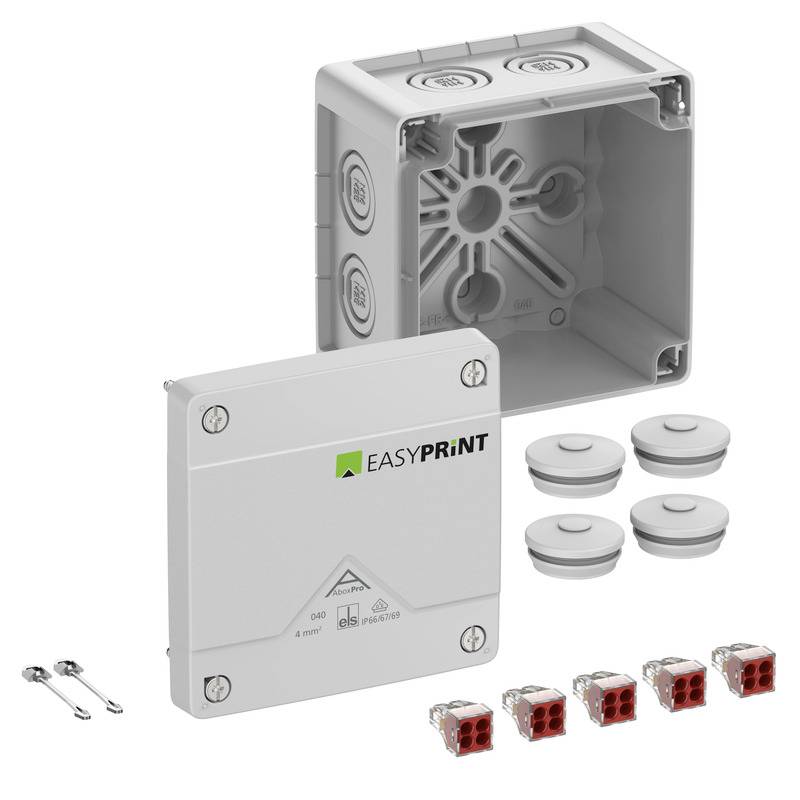 Product image of an EASYPRINT electrical junction box kit, showing the gray box, cover, four cable seals, and several wire connectors and screws.<br>