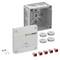 Product image of an EASYPRINT electrical junction box kit, showing the gray box, cover, four cable seals, and several wire connectors and screws.<br>