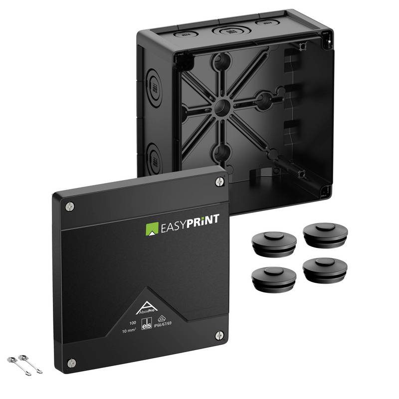Product image of a black EASYPRINT electrical junction box set, showing the cover, box base, four round cable seals, and mounting screws.<br>