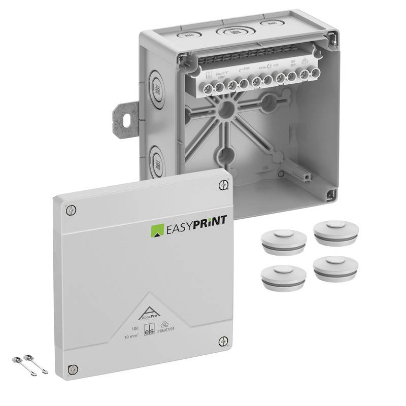 Electrical junction box kit with a gray cover labeled 'EASYPRINT', an open box body, four round cable seals, and two screws on a white background.