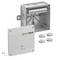 Electrical junction box kit with a gray cover labeled 'EASYPRINT', an open box body, four round cable seals, and two screws on a white background.