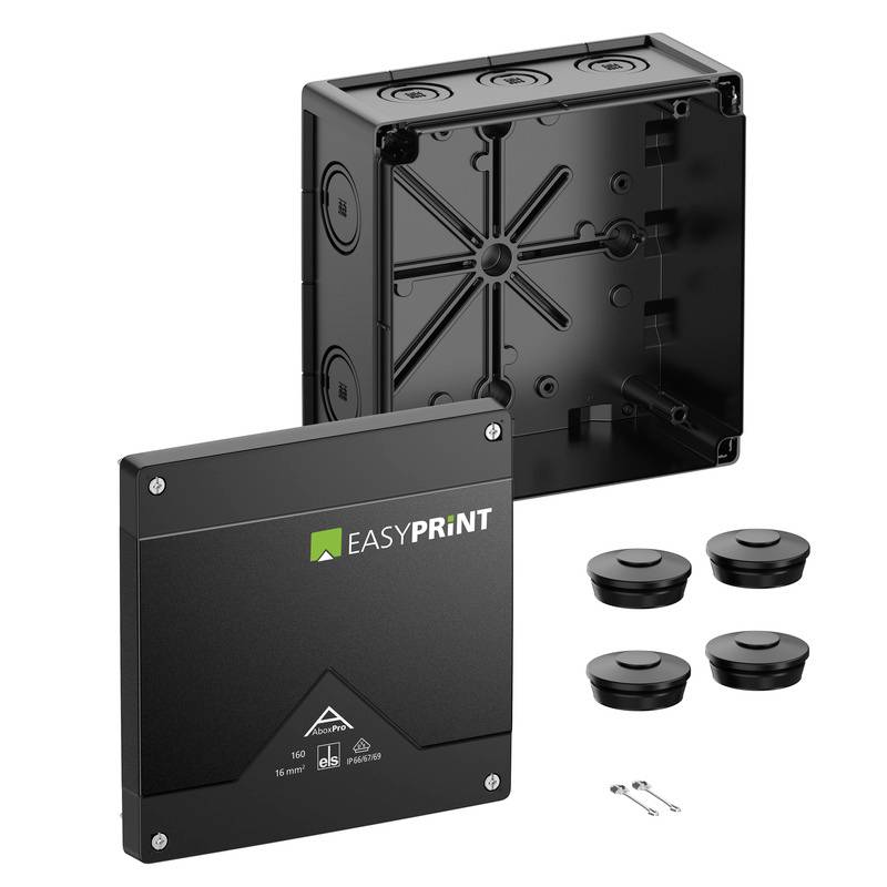 EASYPRINT electrical junction box kit with black square enclosure, cover, four mounting feet, and small screws on white background.