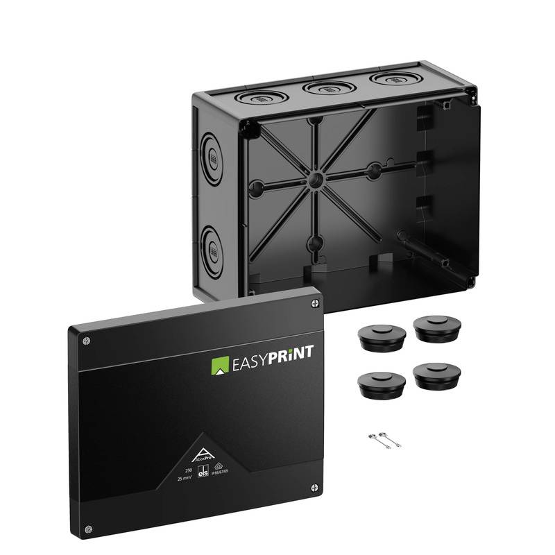 Black EasyPrint electrical junction box and cover with mounting hardware, shown as an exploded product view on a white background.