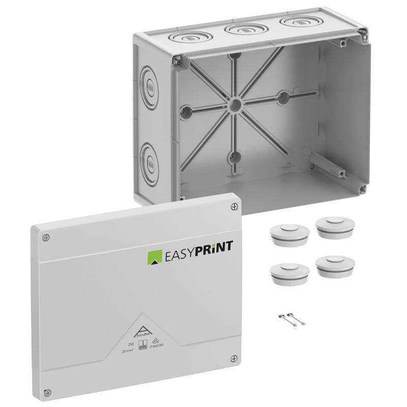 Gray electrical junction box kit with matching cover, four cable grommets, and screws, shown as an exploded product view labeled 'EASYPRINT'.