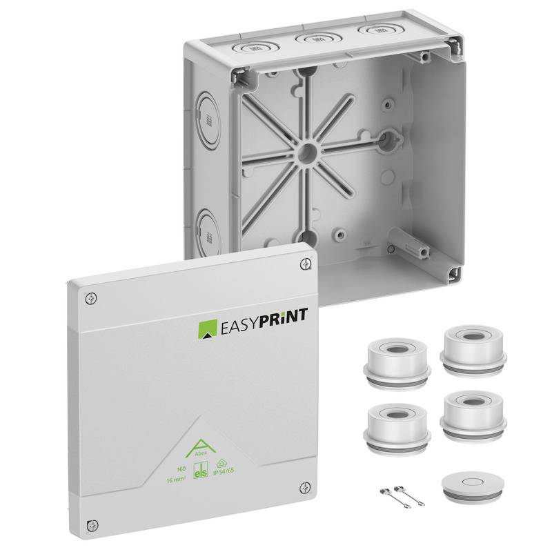 Electrical junction box kit with gray enclosure, cover labeled 'EASYPRINT', four cable glands, and mounting hardware on white background.