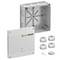 Electrical junction box kit with gray enclosure, cover labeled 'EASYPRINT', four cable glands, and mounting hardware on white background.