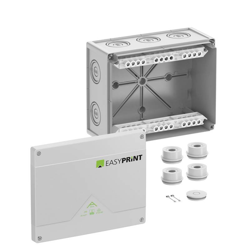 Product image of an EasyPrint electrical enclosure kit with a gray metal junction box, front cover, and mounting accessories laid out beside it.