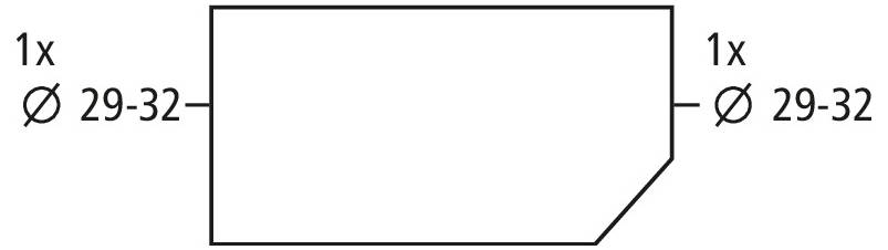Technical drawing of a rectangular panel with a chamfered bottom-right corner, showing two identical 1x holes or cutouts labeled Ø 29-32 on the left and right sides.