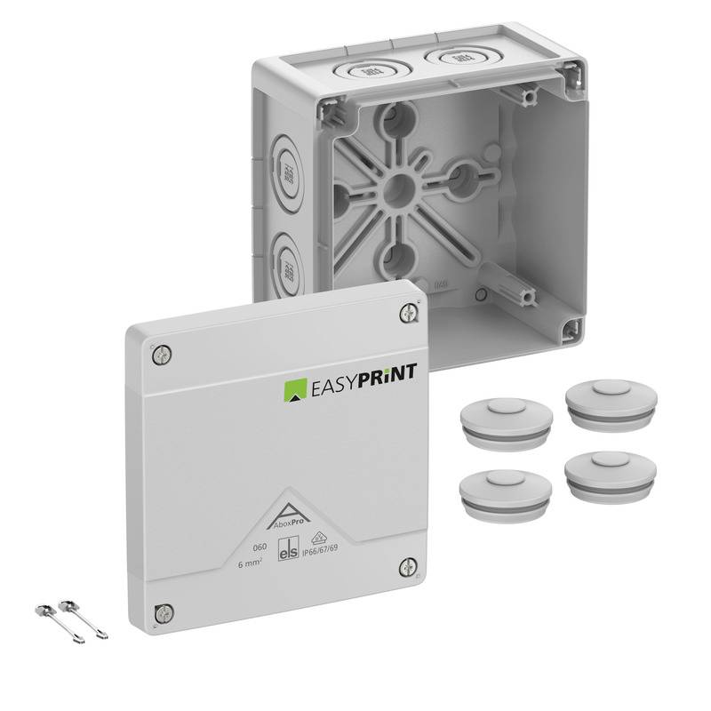 Product photo of an EasyPrint electrical junction box kit, showing a gray wall box, matching cover plate, and four round cable seals with mounting screws.