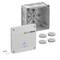 Product photo of an EasyPrint electrical junction box kit, showing a gray wall box, matching cover plate, and four round cable seals with mounting screws.