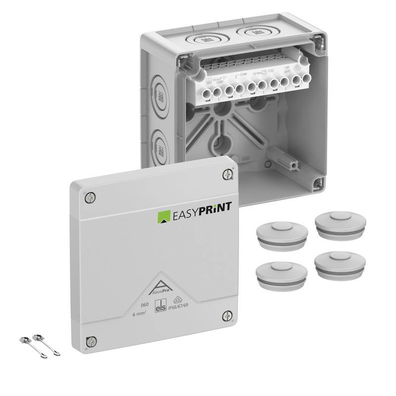 Product image of an EASyPRINT electrical junction box kit with open back box, front cover, and four round cable seals<br>