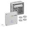 Product image of an EASyPRINT electrical junction box kit with open back box, front cover, and four round cable seals<br>