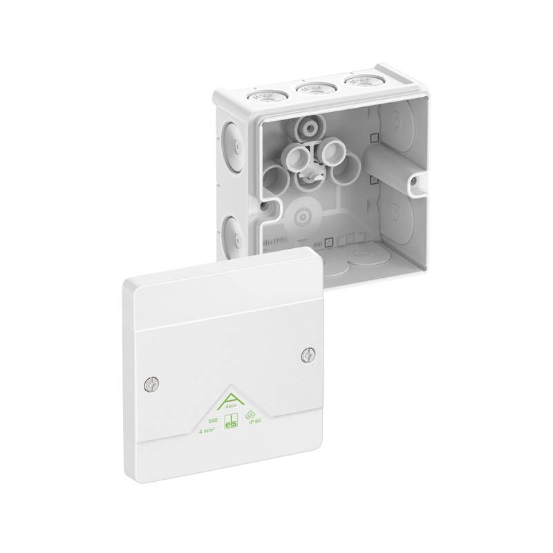 White electrical wall box with cover plate, shown open with internal conduit openings and wiring space, isolated on white background.